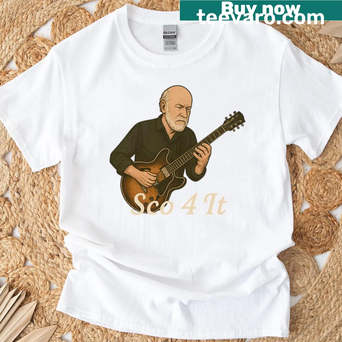Oversized t-shirt featuring jazz guitar tribute art — on a men's t-shirt