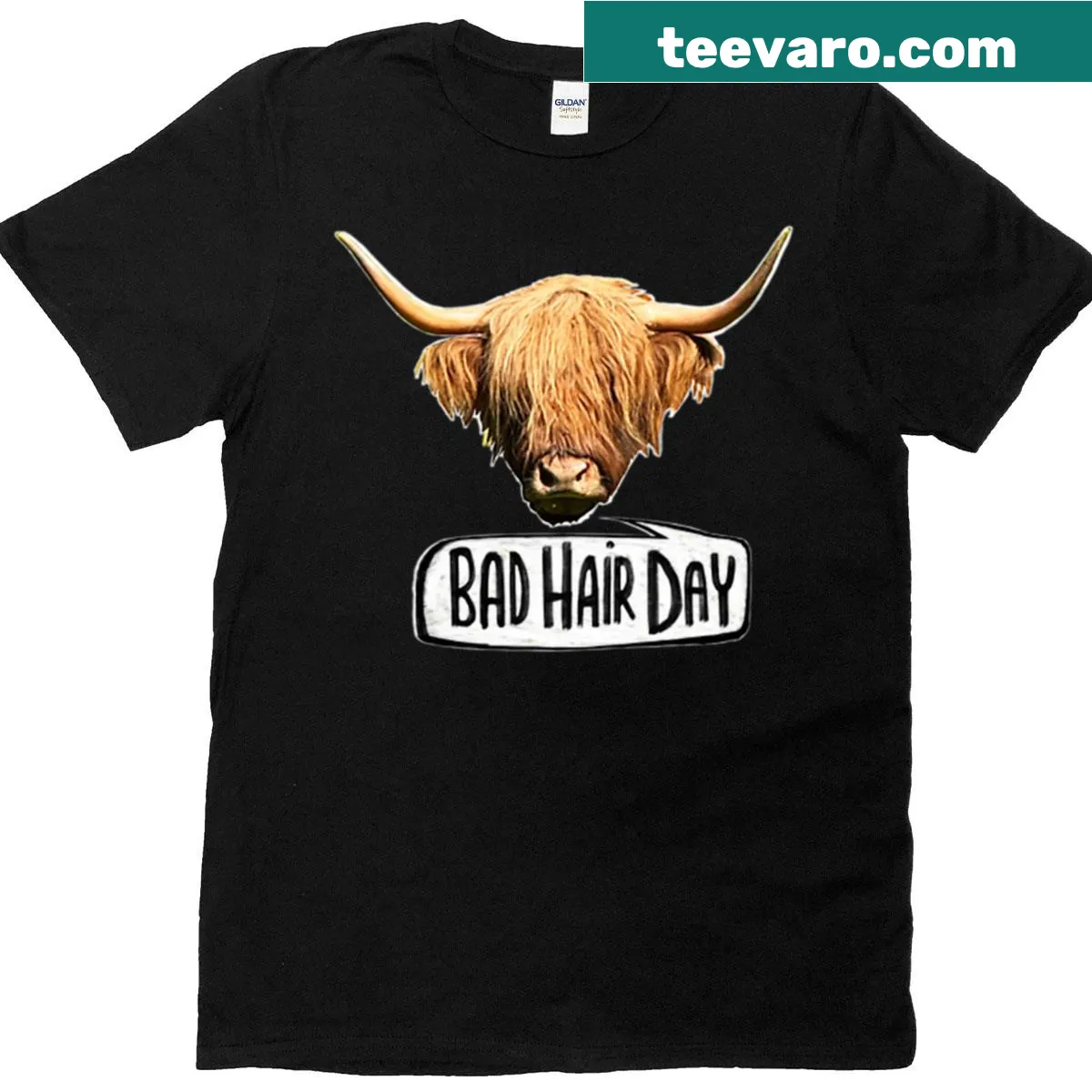 Highland cow illustration with messy hair on a t-shirt — on a men's t-shirt