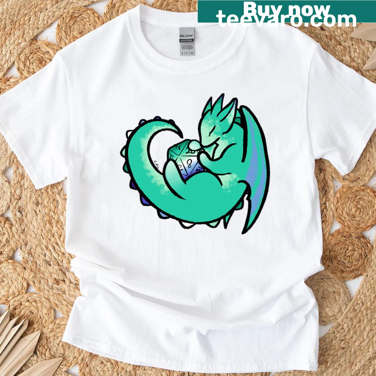 Illustrated dragon wrapped around a D20 die on t-shirt — on a men's t-shirt