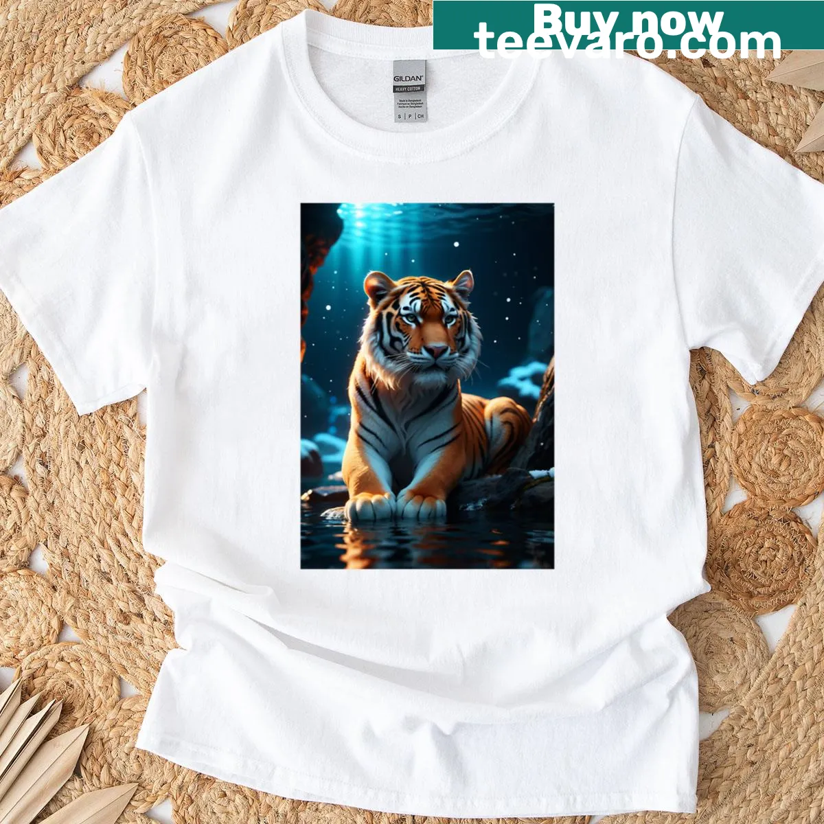 T-shirt featuring a serene depiction of a tiger — on a men's t-shirt