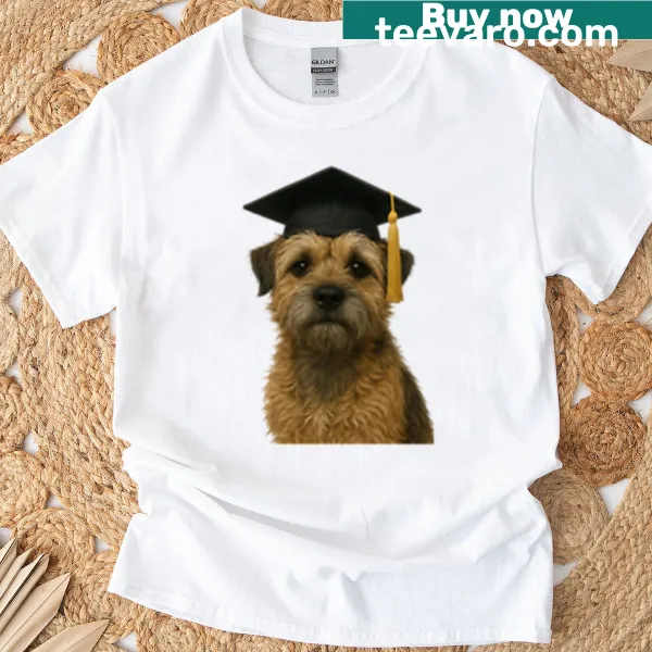 Graduation-themed t-shirt featuring a shaggy Border Terrier graphic