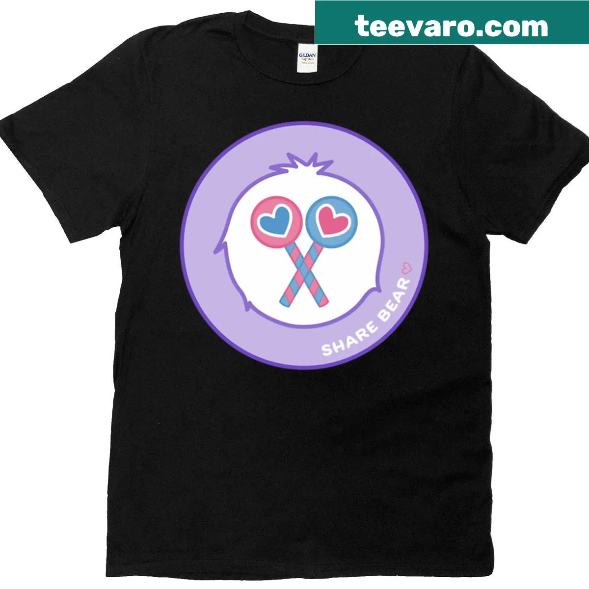T-shirt featuring a charming badge design with a caring bear illustration — on a men's t-shirt