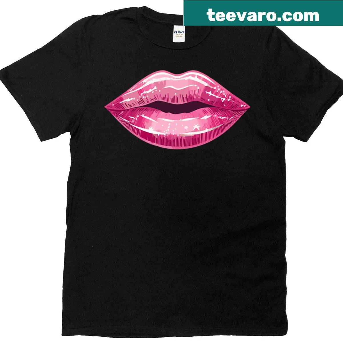 Graphic of shiny pink lips with a playful pattern — on a men's t-shirt