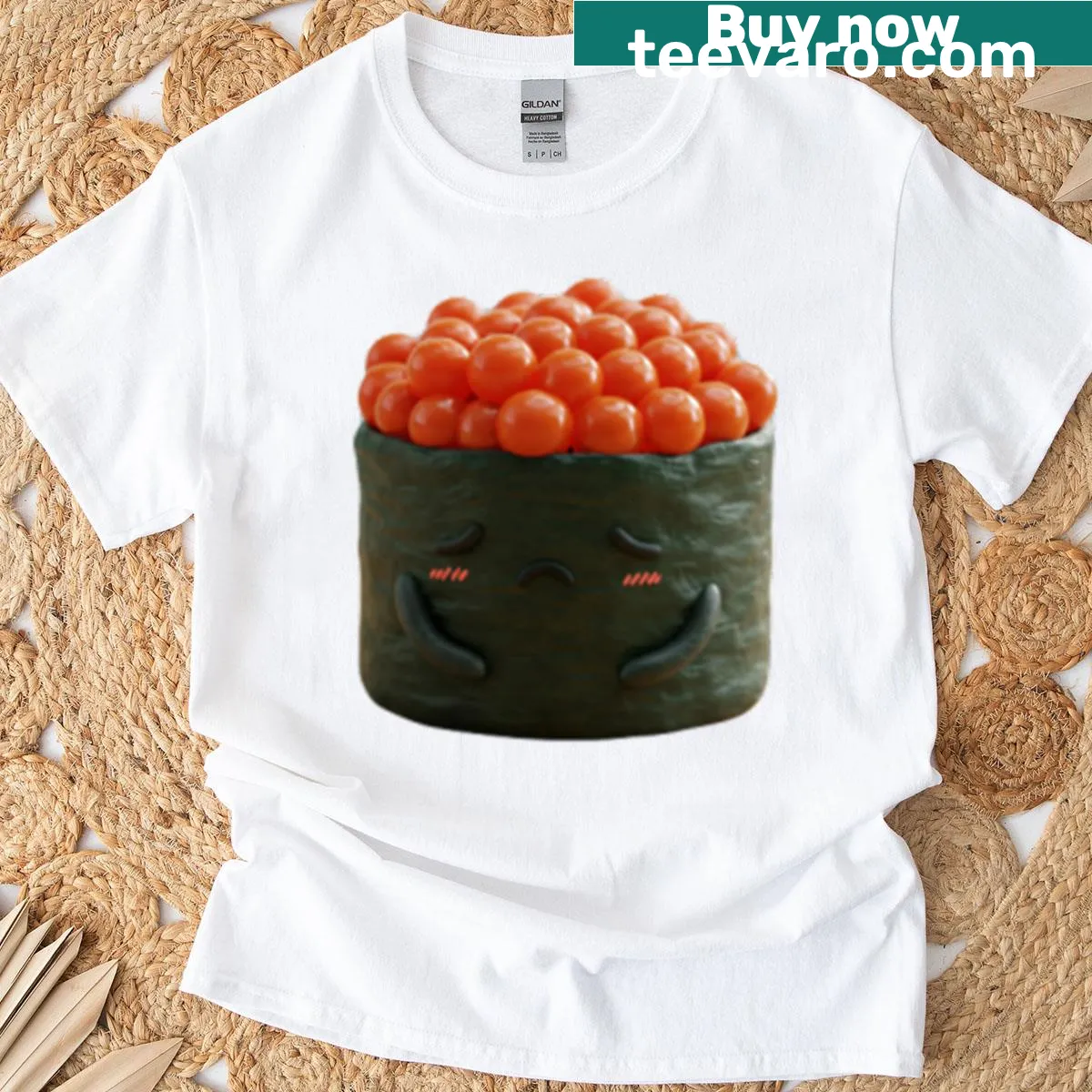 Cute oversized t-shirt with a shy sushi ikura character — on a men's t-shirt