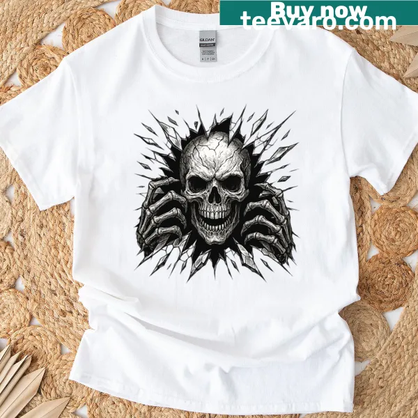 T-shirt featuring a skull bursting out in a bold graphic.