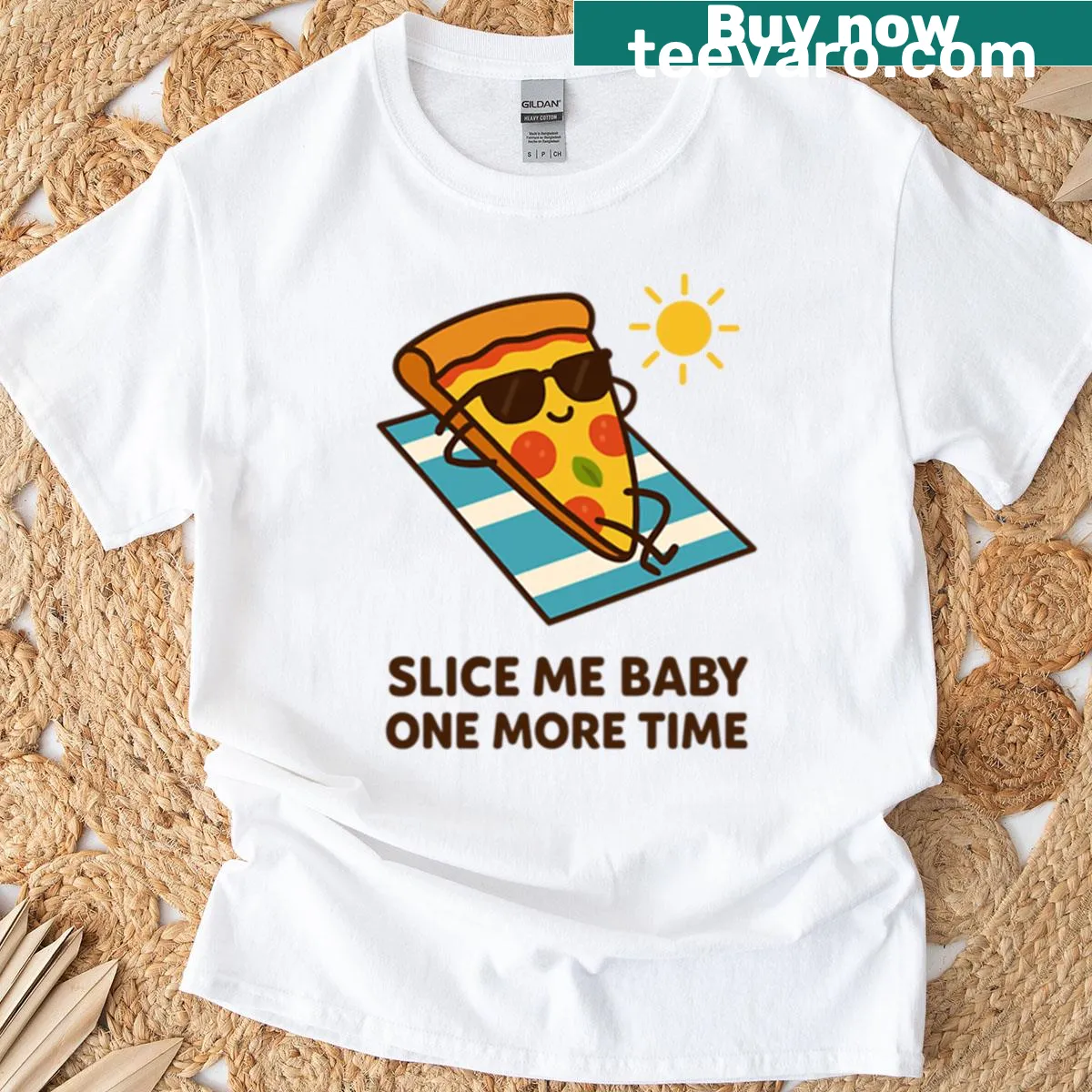 Funny pizza pun T-shirt with 'Slice Me Baby One More Time' text — on a men's t-shirt