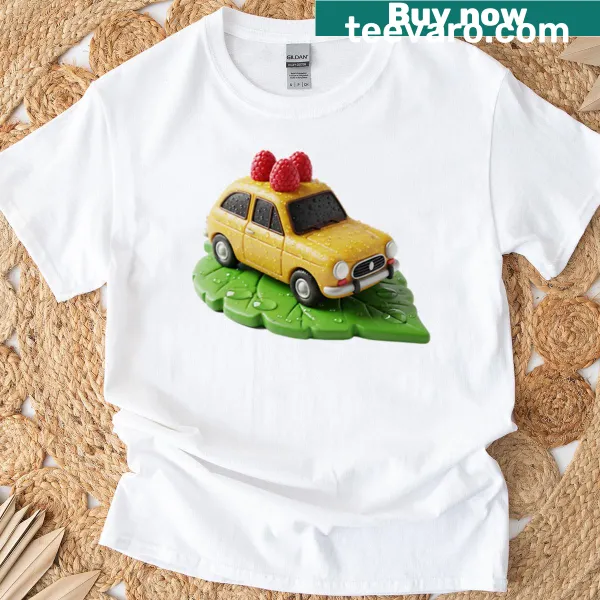 Whimsical illustration of a marzipan car with raspberries T-shirt