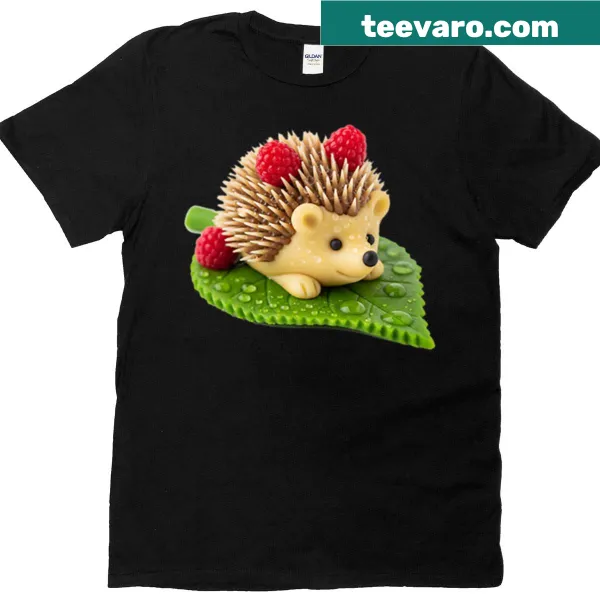 Cute hedgehog design with marzipan and raspberries on a T-shirt.