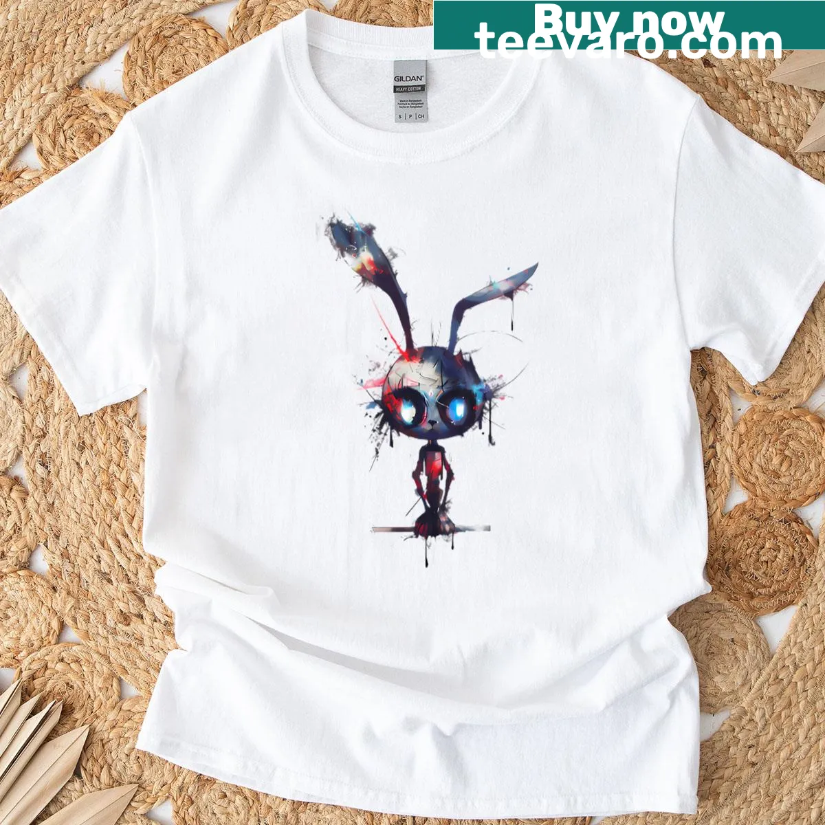 Playful splatter bunny cartoon t-shirt — on a men's t-shirt