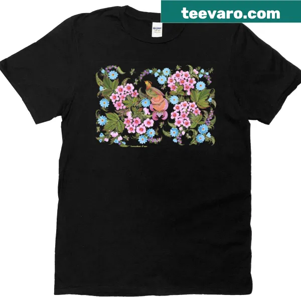 Floral design with birds inspired by Petrykivka art on T-shirt