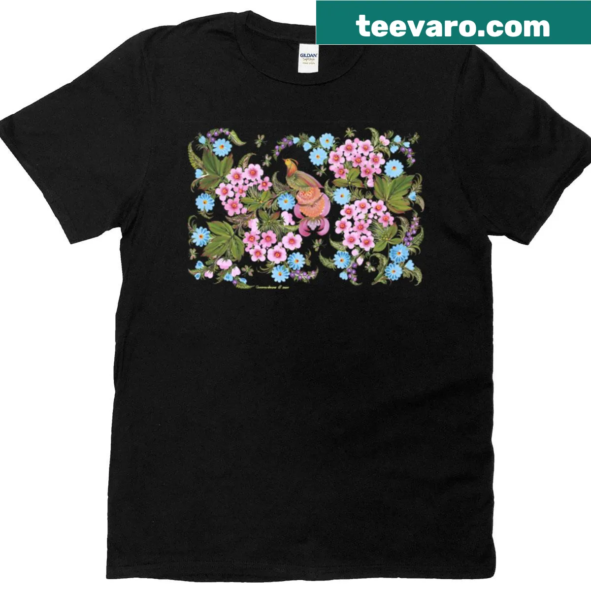 Floral design with birds inspired by Petrykivka art on T-shirt — on a men's t-shirt