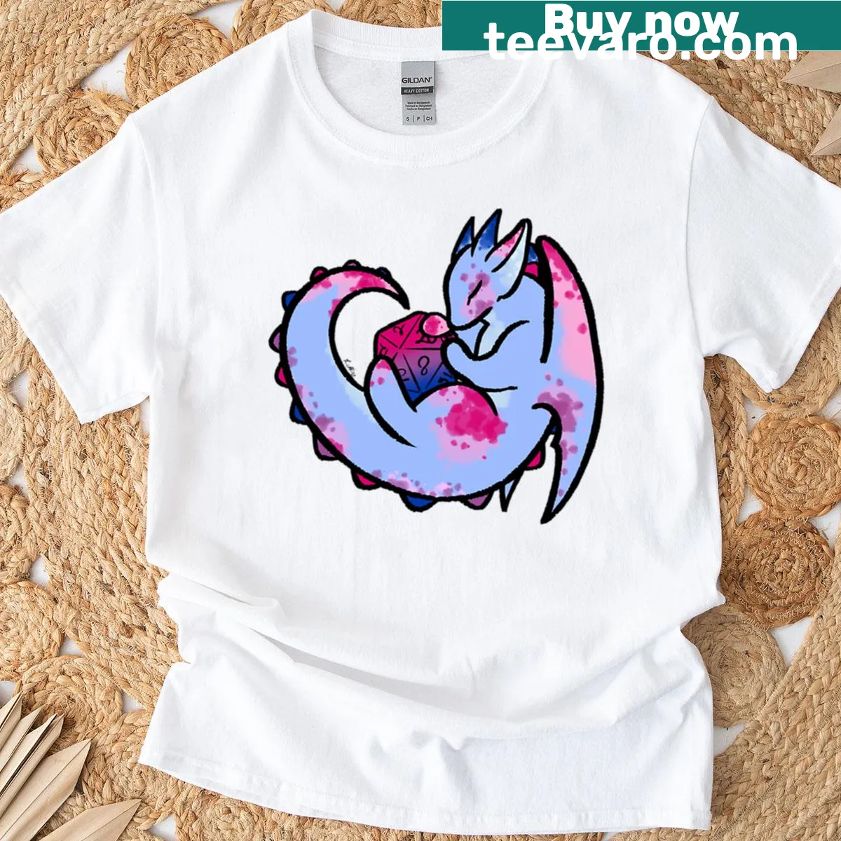 Oversized T-shirt with a whimsical dragon illustration against a spring sky — on a men's t-shirt