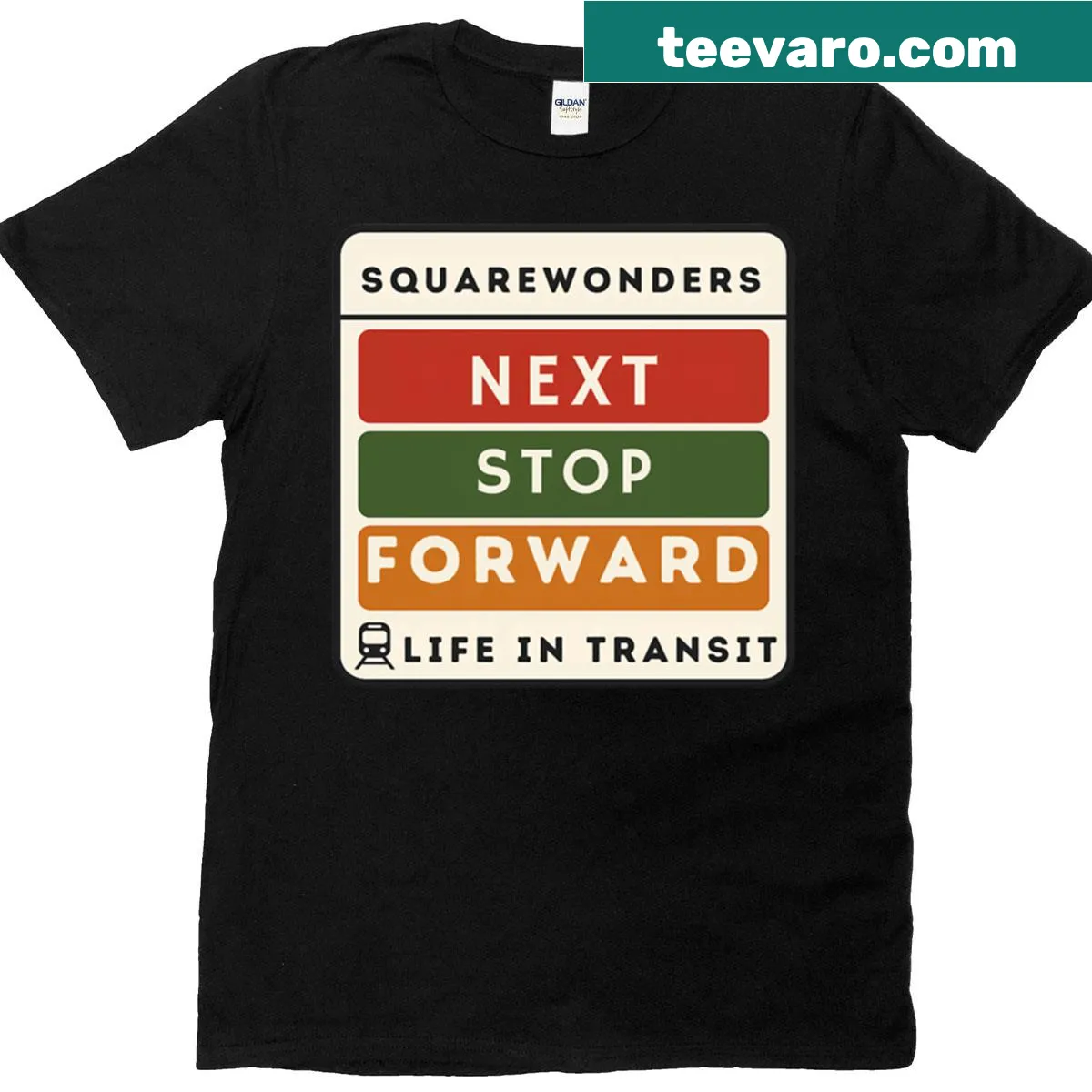 Bold typography on an oversized transit-themed T-shirt — on a men's t-shirt