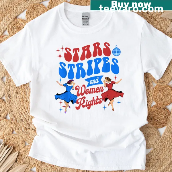 Retro feminist T-shirt with stars, stripes, and women's rights message