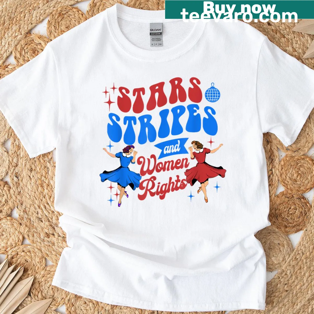 Retro feminist T-shirt with stars, stripes, and women's rights message — on a men's t-shirt