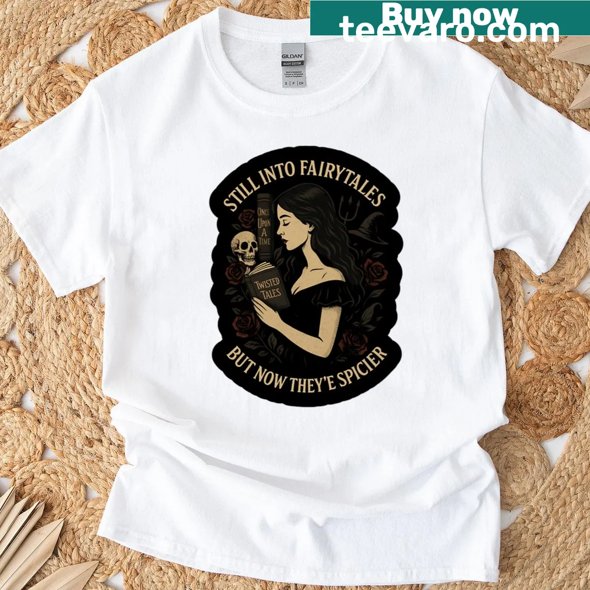 Bookish sticker design T-shirt with dark romance fairytale theme — on a men's t-shirt