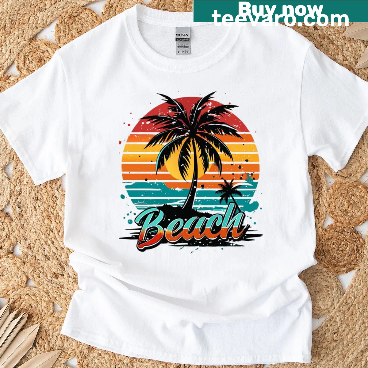 T-shirt with a sunrise and palm tree graphic — on a men's t-shirt