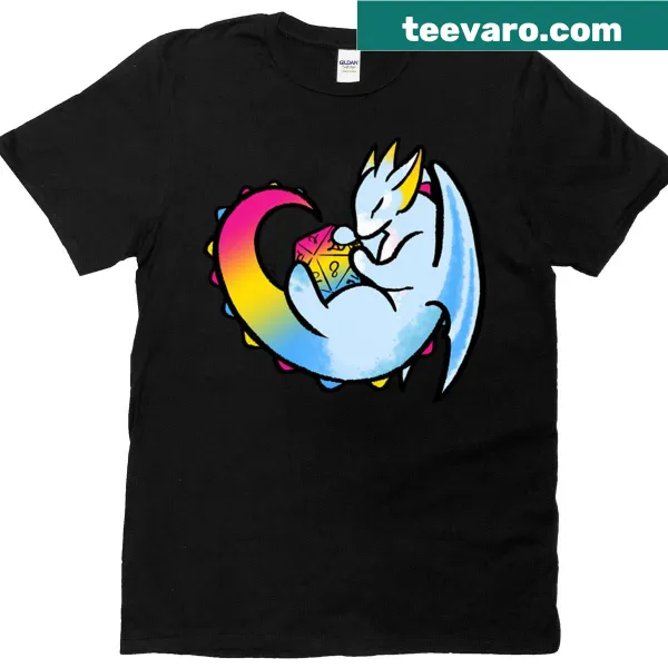 T-shirt featuring a D20 die and dragon design at sunrise