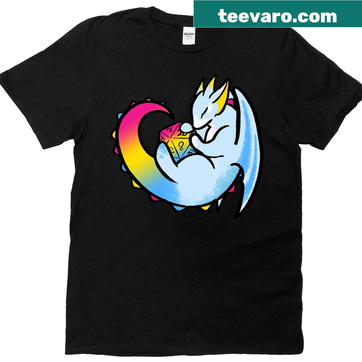 T-shirt featuring a D20 die and dragon design at sunrise — on a men's t-shirt