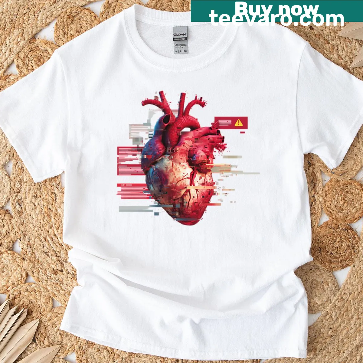 Oversized T-shirt with a glitched anatomical heart graphic — on a men's t-shirt