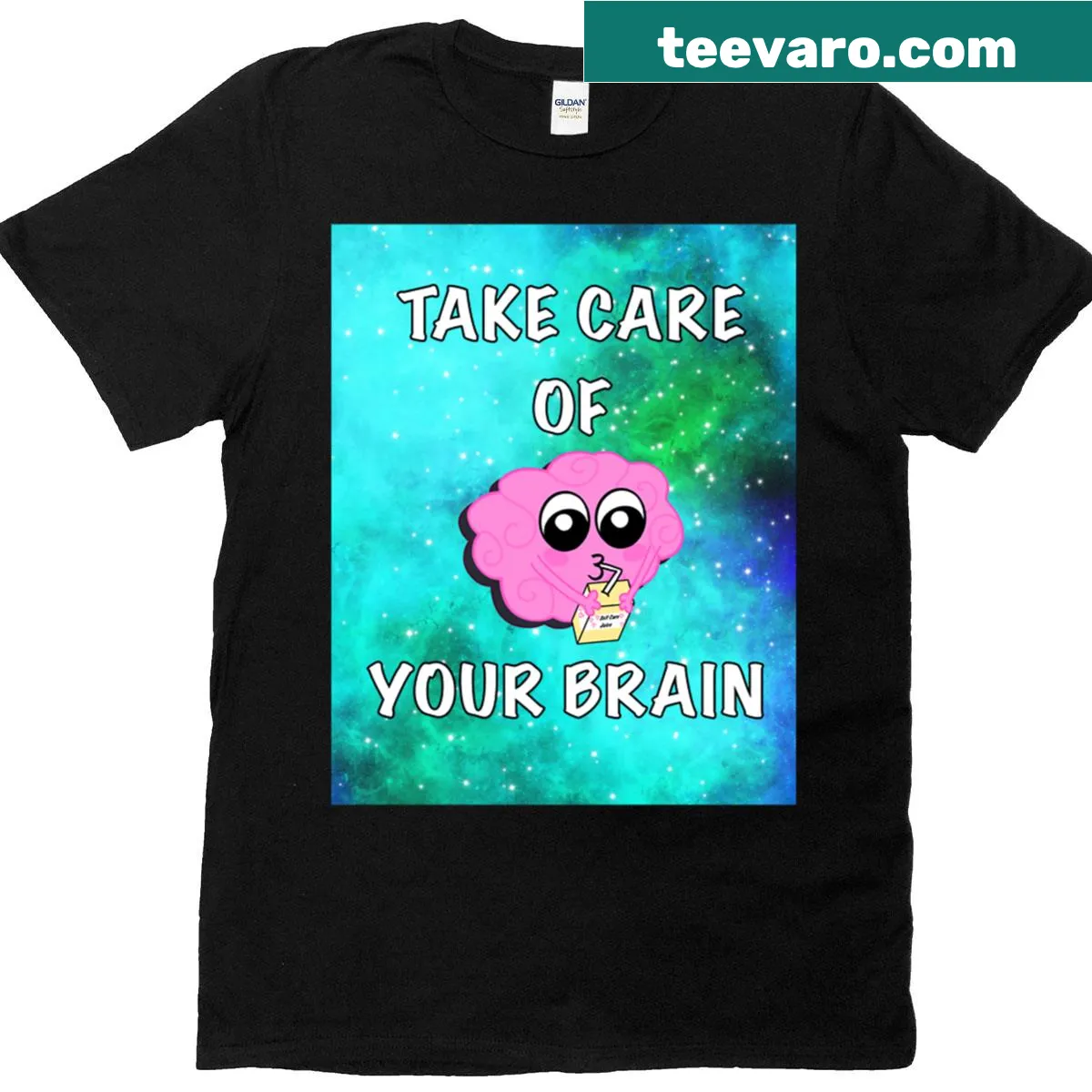 Typographic T-shirt with the phrase 'Take Care Of Your Brain' — on a men's t-shirt