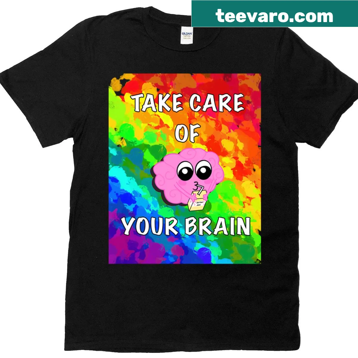 Colorful abstract design with text promoting brain care. — on a men's t-shirt