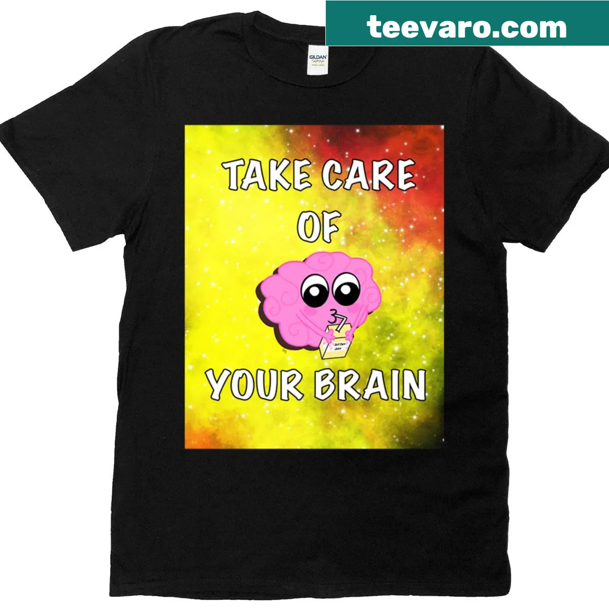 Galaxy-themed oversized T-shirt with text promoting brain care. — on a men's t-shirt