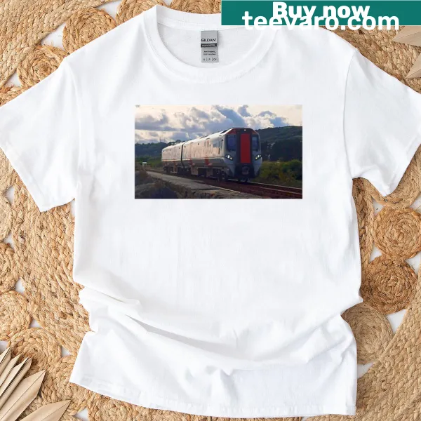 Vintage train graphic on a travel-themed T-shirt