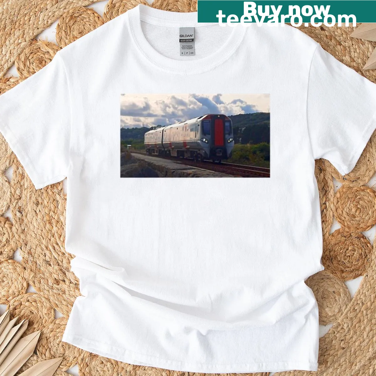 Vintage train graphic on a travel-themed T-shirt — on a men's t-shirt