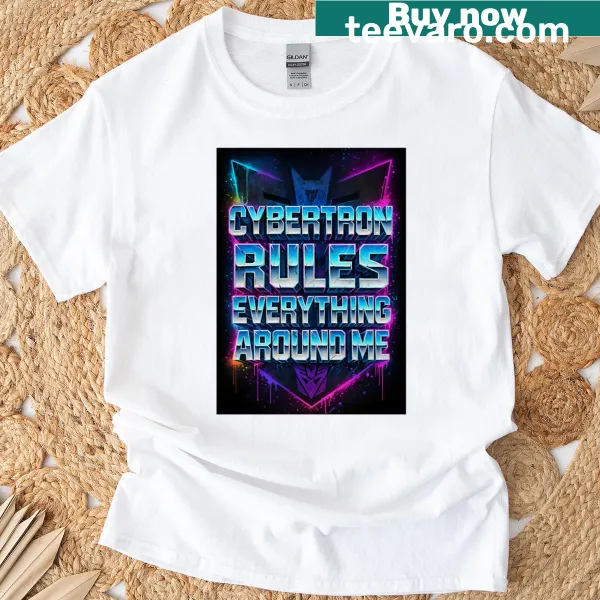 Illustration of Cybertron landscape with Transformers theme on T-shirt.