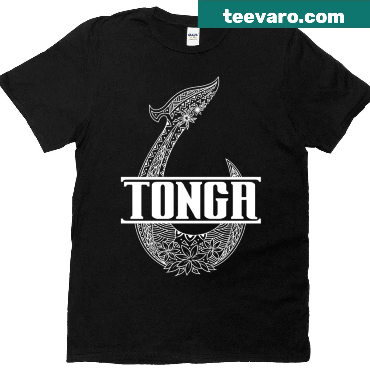 Tribal fish hook and flower design t-shirt inspired by Tongan culture — on a men's t-shirt