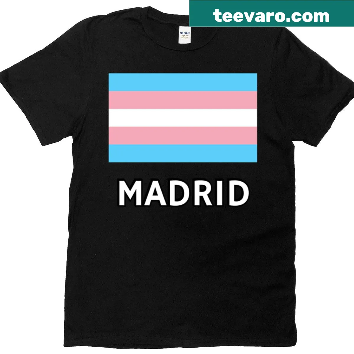 T-shirt featuring Trans Pride Flag design inspired by Madrid — on a men's t-shirt