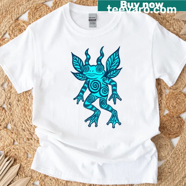 Playful illustration of a blue swirl frog on T-shirt.