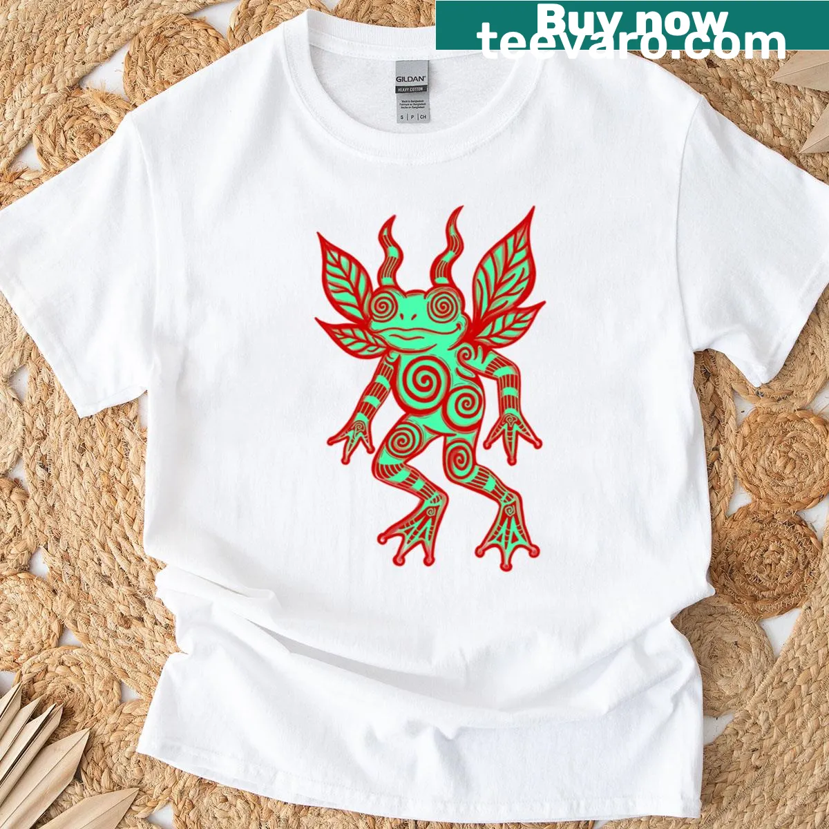 Premium T-shirt featuring a trippy green and red swirl frog design — on a men's t-shirt