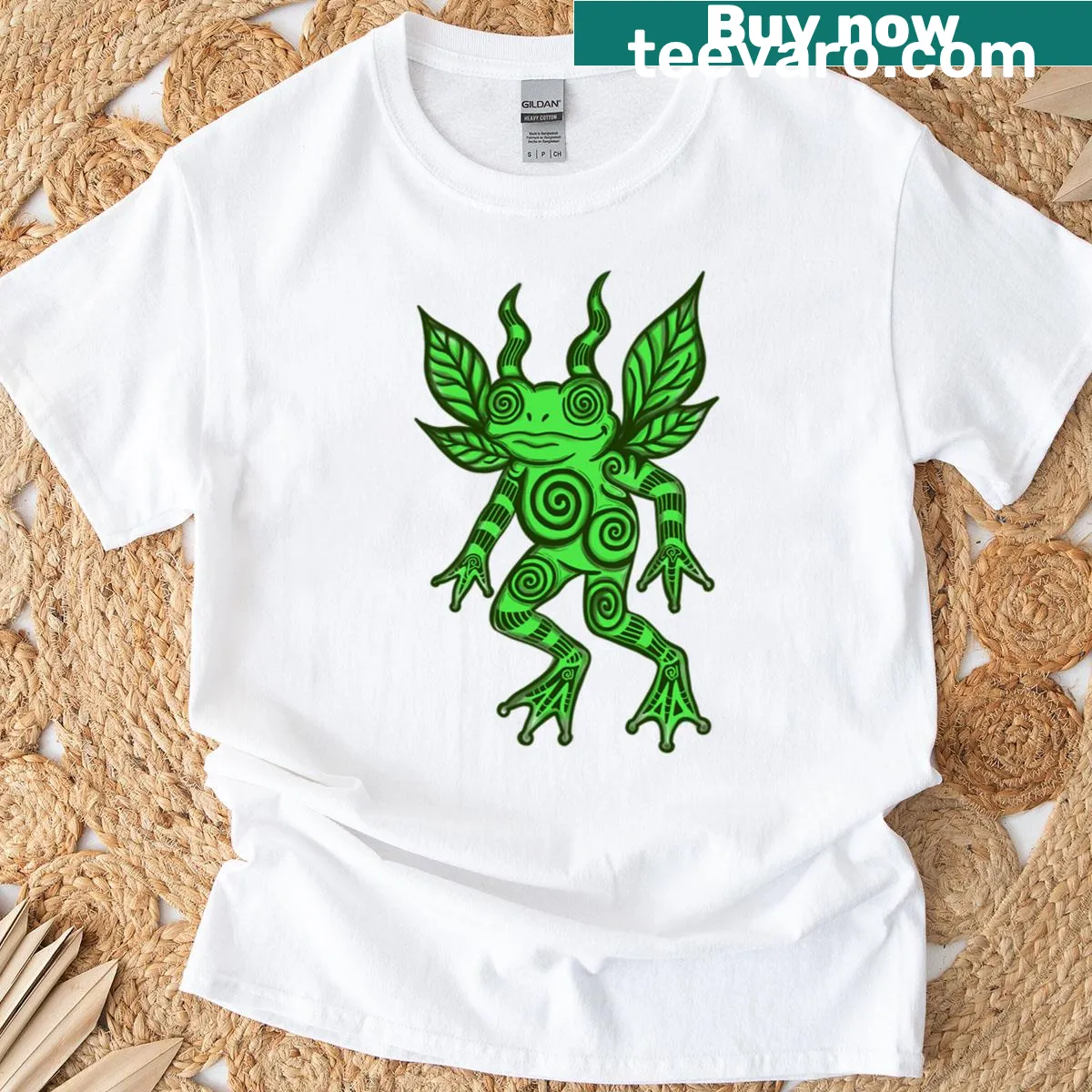 Premium T-shirt showcasing a trippy green swirl frog design — on a men's t-shirt