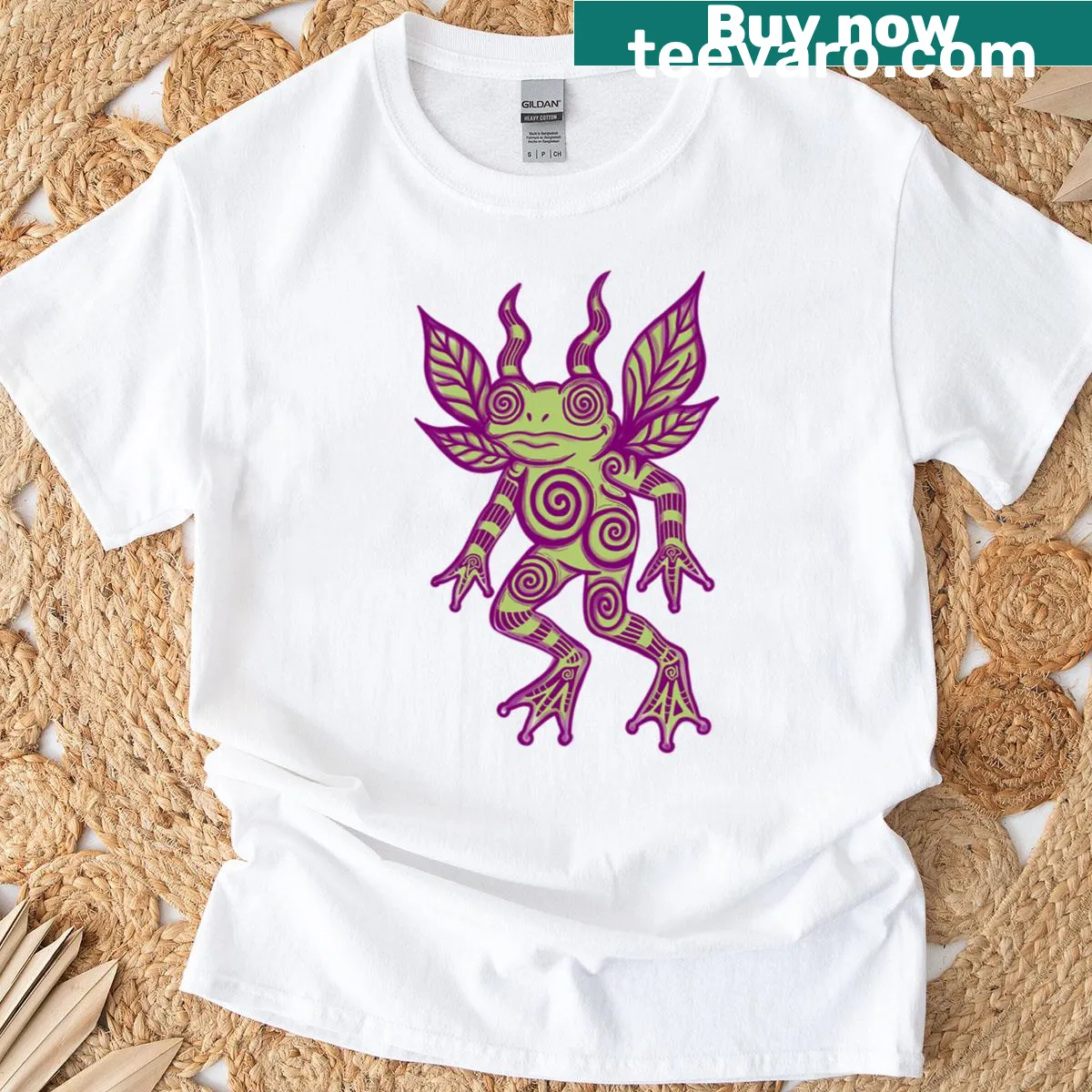 Premium T-shirt featuring a trippy purple and green swirl frog design — on a men's t-shirt