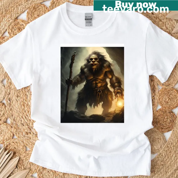 T-shirt featuring a troll with a magic staff illustration.
