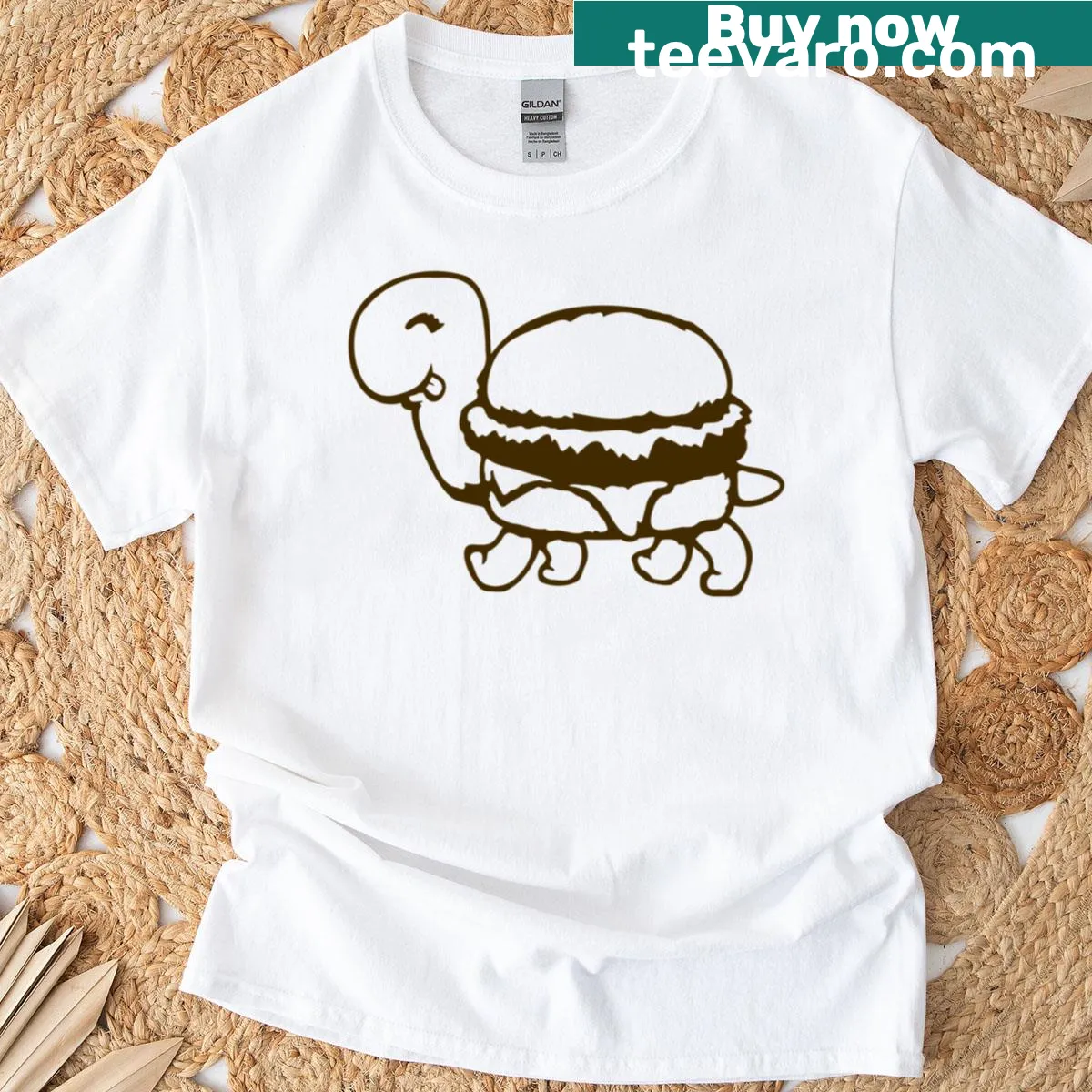 Funny T-shirt featuring a turtle walking with a cheeseburger — on a men's t-shirt