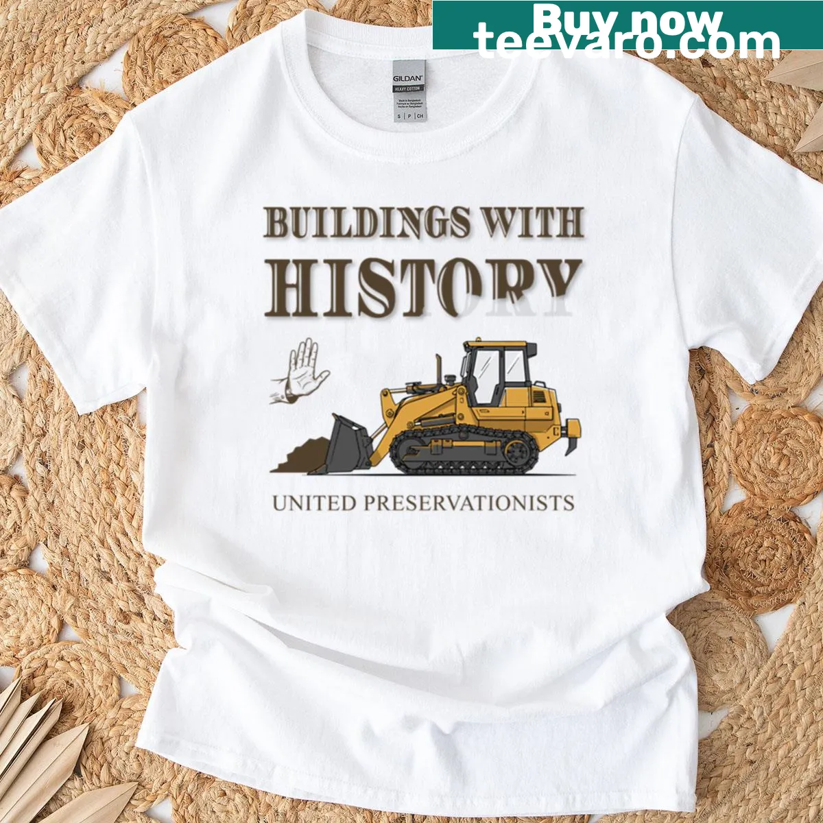 T-shirt promoting historic building preservation with a thoughtful graphic — on a men's t-shirt