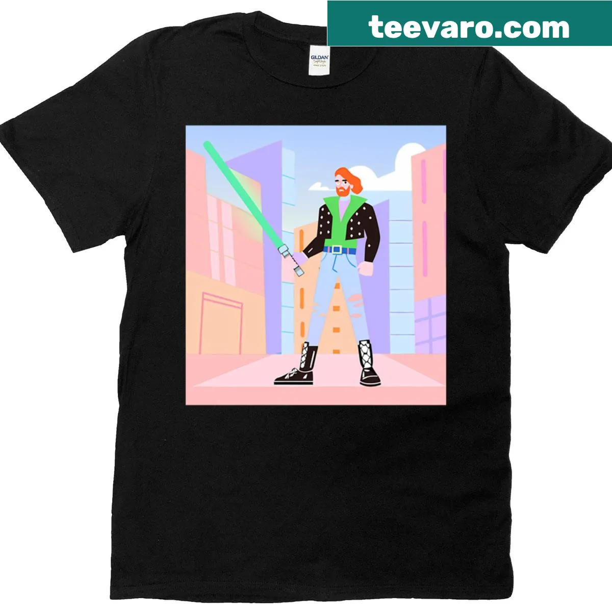 T-shirt featuring a Jedi in a colorful urban cityscape — on a men's t-shirt