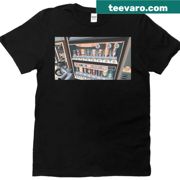 Pixel art of a vending machine and scooter on a fun oversized T-shirt.