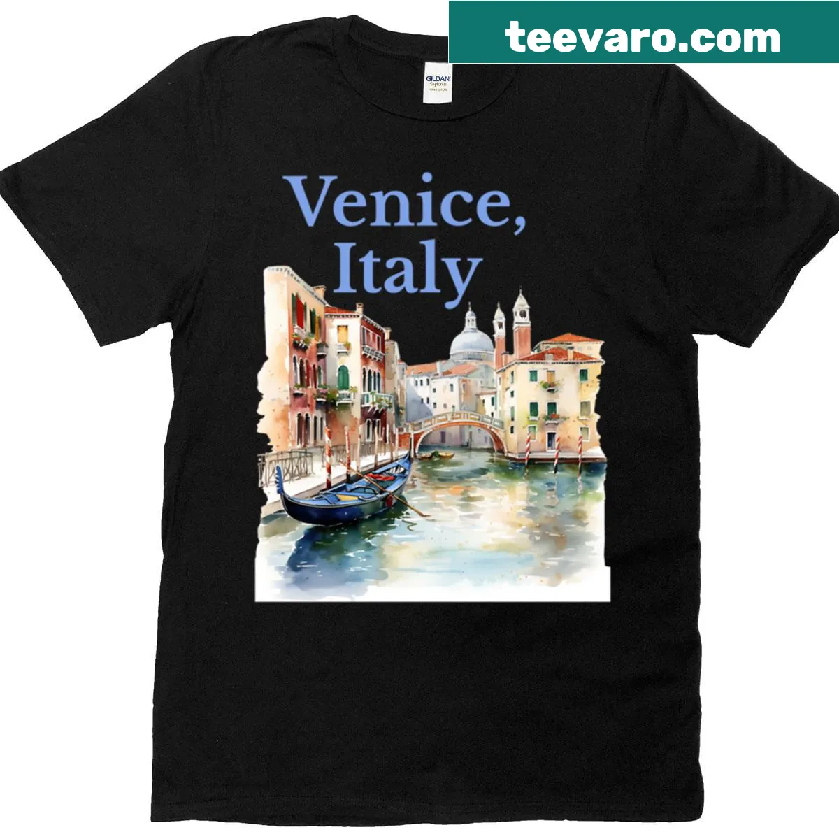 Oversized t-shirt with a watercolor illustration of Venice cityscape — on a men's t-shirt