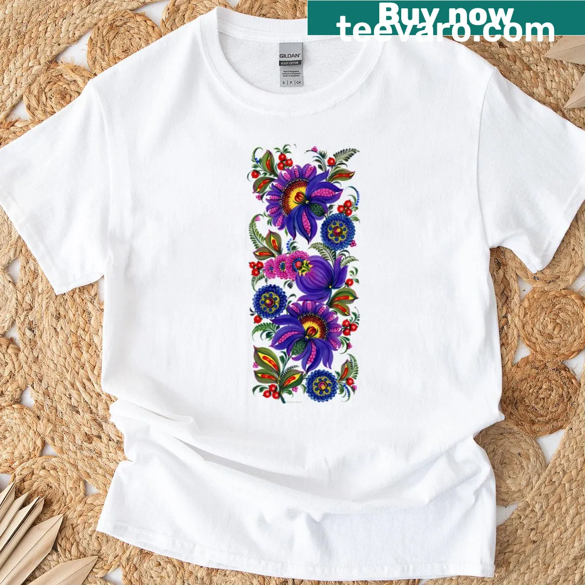 Illustrated vertical flowers in Petrykivka style on a T-shirt — on a men's t-shirt