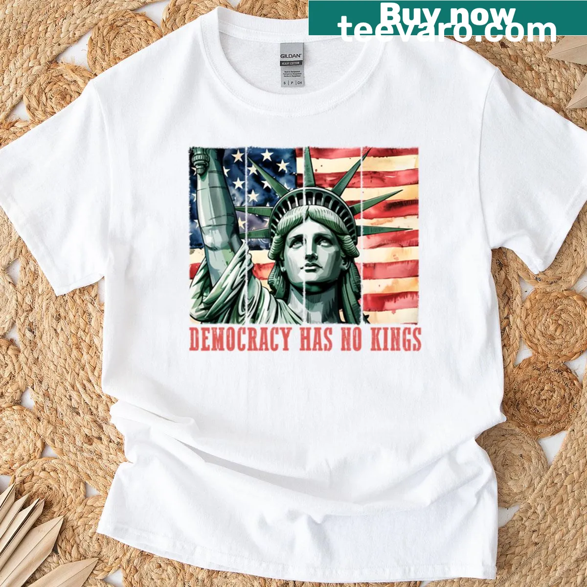 Vintage t-shirt with Statue of Liberty and 'Democracy Has No King' text — on a men's t-shirt