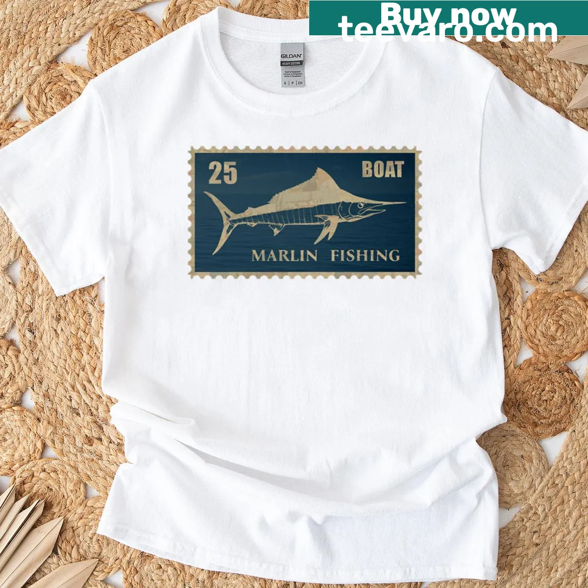 Vintage t-shirt with marlin fishing stamp graphic — on a men's t-shirt