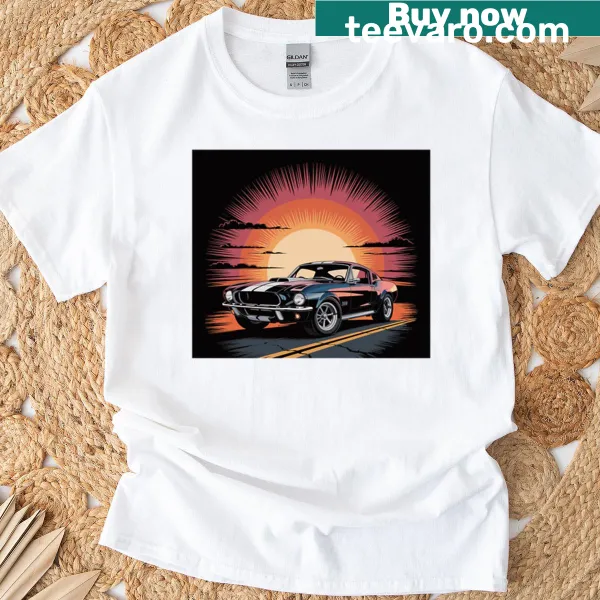 Illustrated vintage Mustang Shelby GT500 against a sunset background