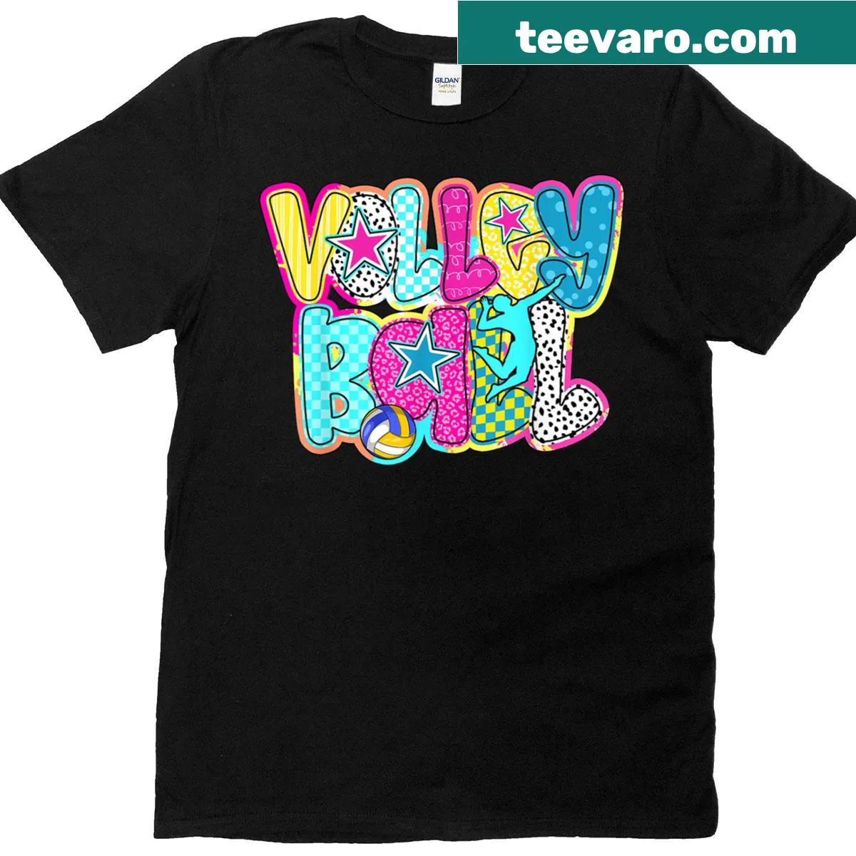 Illustrated T-shirt featuring female volleyball players — on a men's t-shirt