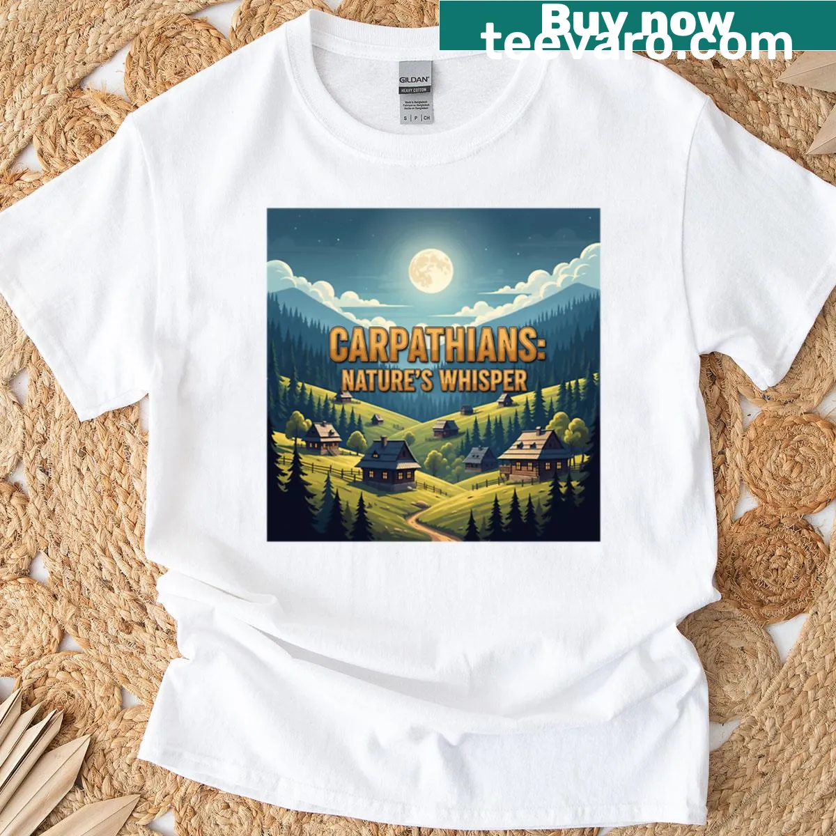 Illustration of Carpathians and Romanian village on a T-shirt — on a men's t-shirt