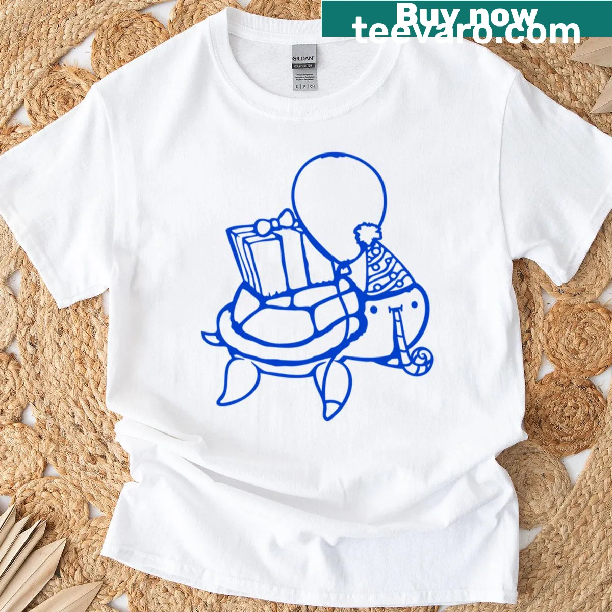 Cute birthday-themed t-shirt with a water turtle holding balloons — on a men's t-shirt