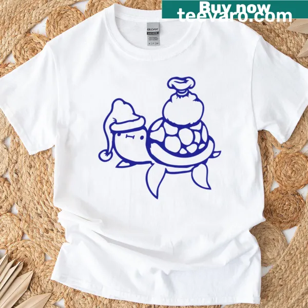 Whimsical water turtle Santa-themed t-shirt with presents